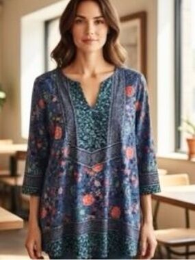 Lucky Brand cotton blend Blue Floral Split-Neck prairie peasant Blouse XXL